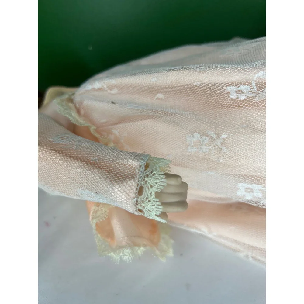 Vintage Porcelain Collector Doll Peach Lace Victorian Dress Auburn Hair Green